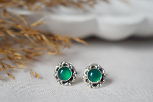 Mother's Day Gifts, Green Onyx Stud Earrings, Gemstone Sterling Silver Minimalist Jewelry, Flower Small Birthstone Push Back Earrings