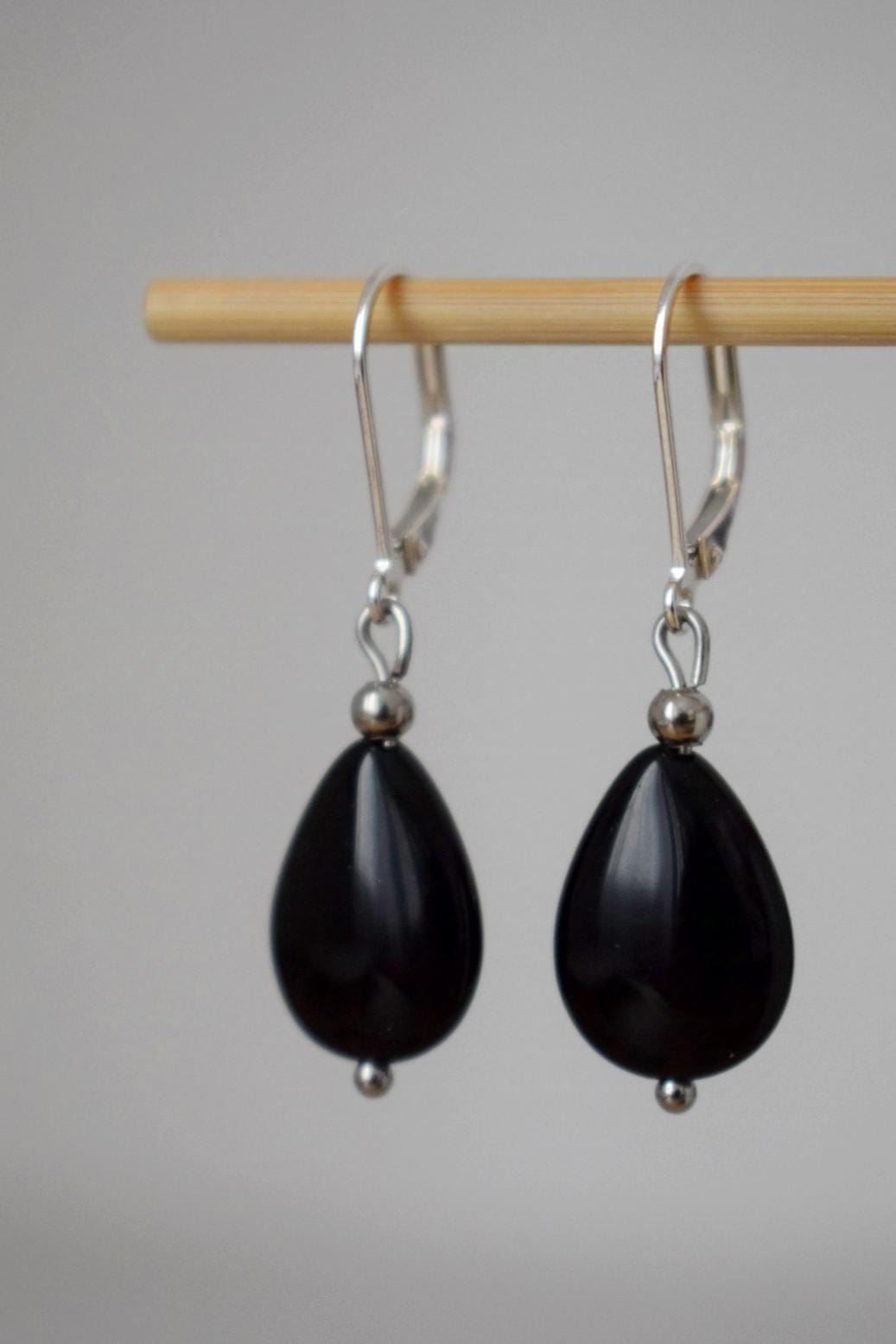 Black onyx teardrop earrings, Sterling silver huggies, Gemstone dangle drop earrings, Boho chic jewelry, Handmade gift for women