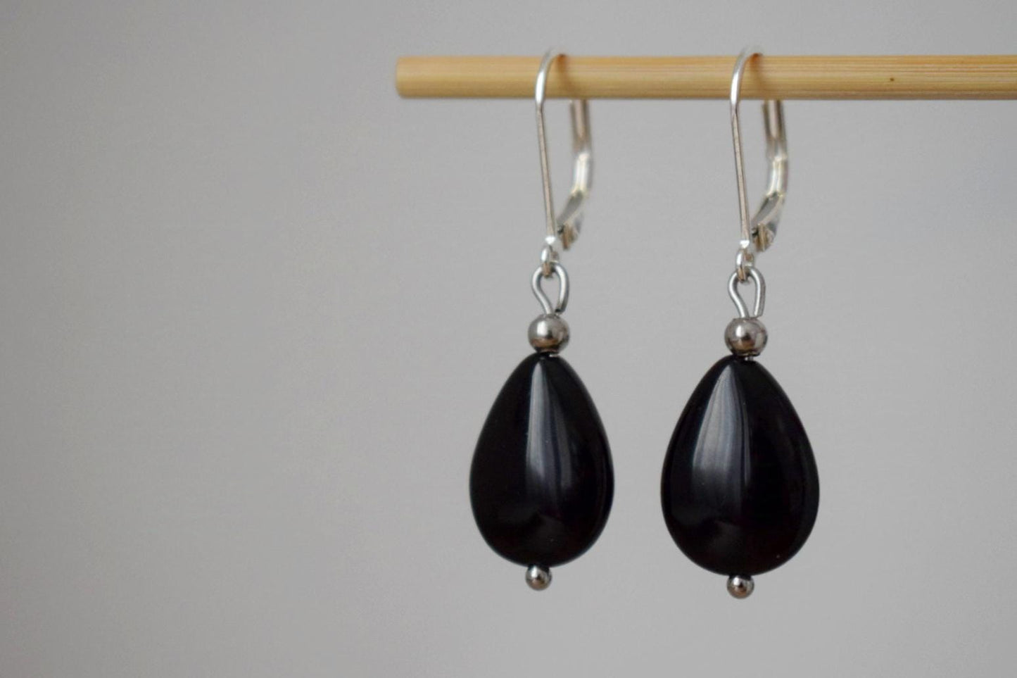 Black onyx teardrop earrings, Sterling silver huggies, Gemstone dangle drop earrings, Boho chic jewelry, Handmade gift for women