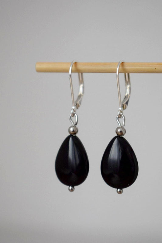 Black onyx teardrop earrings, Sterling silver huggies, Gemstone dangle drop earrings, Boho chic jewelry, Handmade gift for women