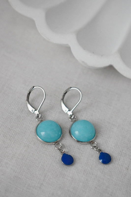 Turquoise Jade Enamel Dangle Earrings, Boho Handmade Gemstone Jewelry, Unique Christmas Gift for Her, Turquoise Stone Earrings