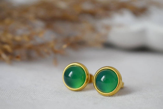 Green agate stud earrings, Small gemstone earrings, Push back earrings, Minimalist birthstone jewelry, Handmade Gift for her