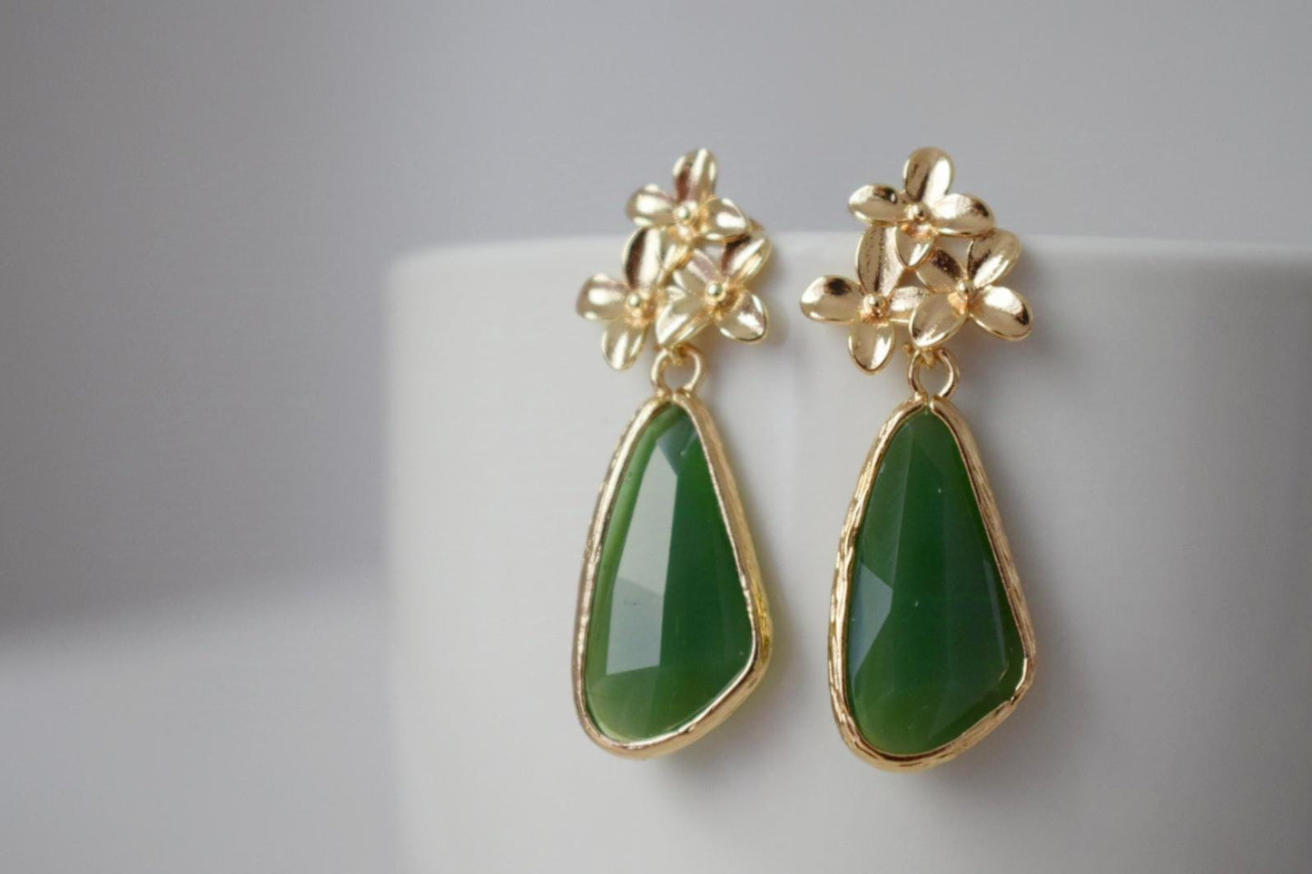 Glass dangle earrings, Boho long teardrop earrings, Flower post earrings, Faceted green earrings, Unique jewelry, Mother's day gift