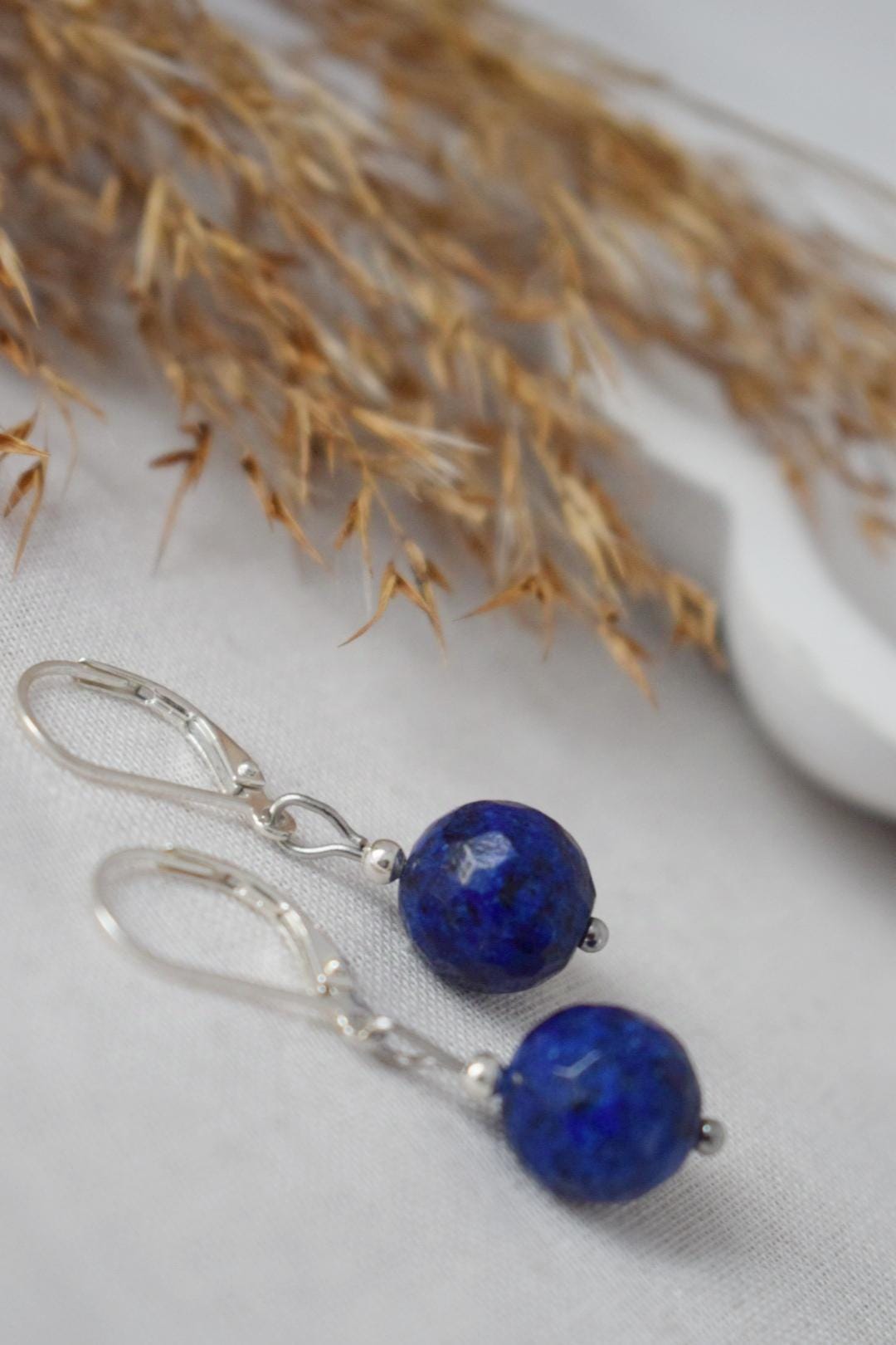 Earrings Lapis Lazuli Sterling Silver, Gemstone Blue Lever Back Hoop, September Birthstone, Hanging ball stone jewelry, Gift for her
