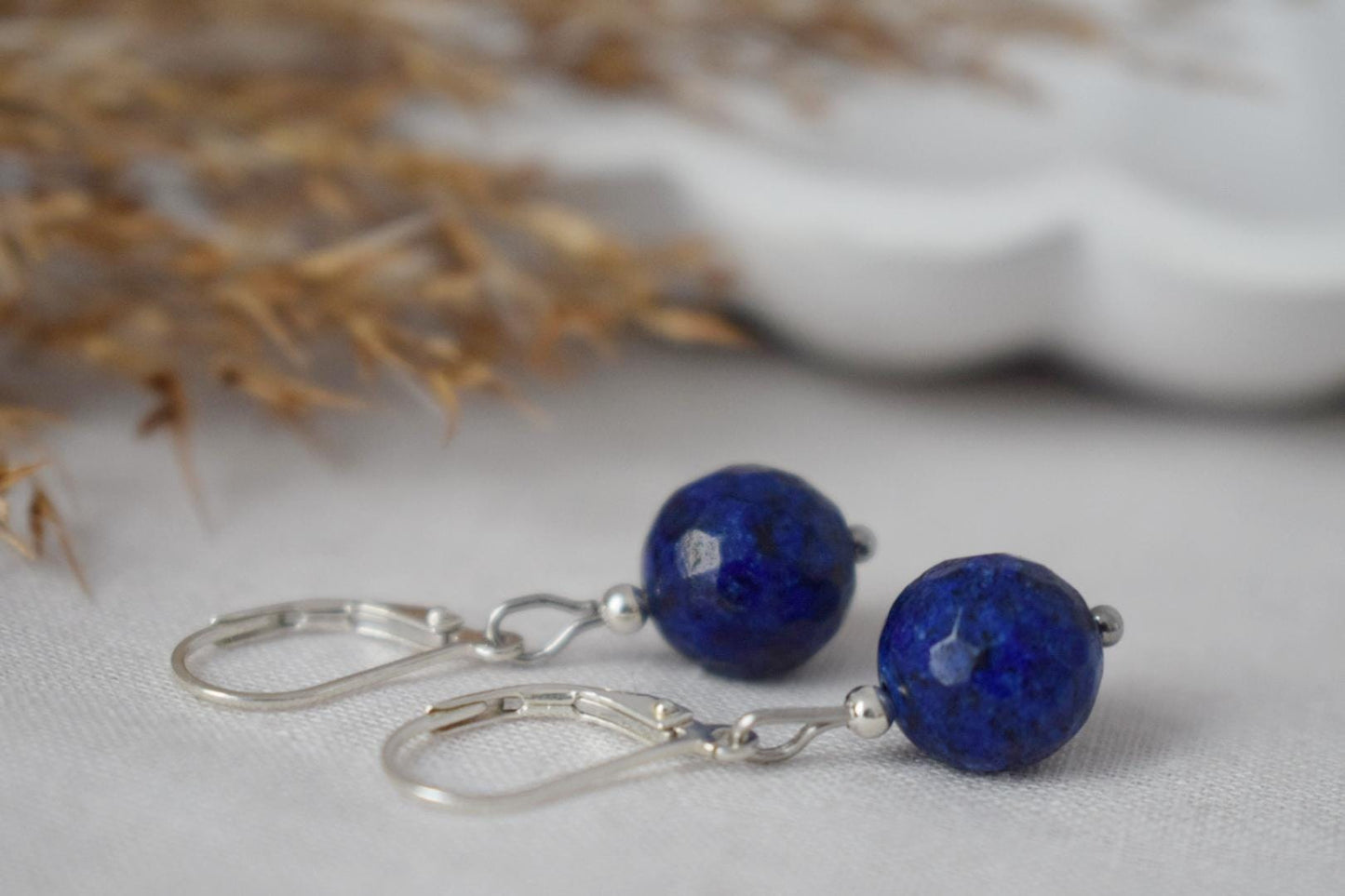 Earrings Lapis Lazuli Sterling Silver, Gemstone Blue Lever Back Hoop, September Birthstone, Hanging ball stone jewelry, Gift for her