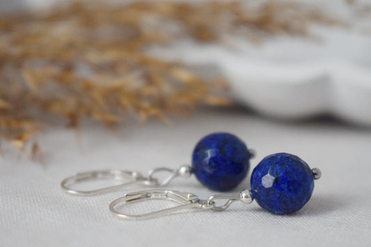 Earrings Lapis Lazuli Sterling Silver, Gemstone Blue Lever Back Hoop, September Birthstone, Hanging ball stone jewelry, Gift for her