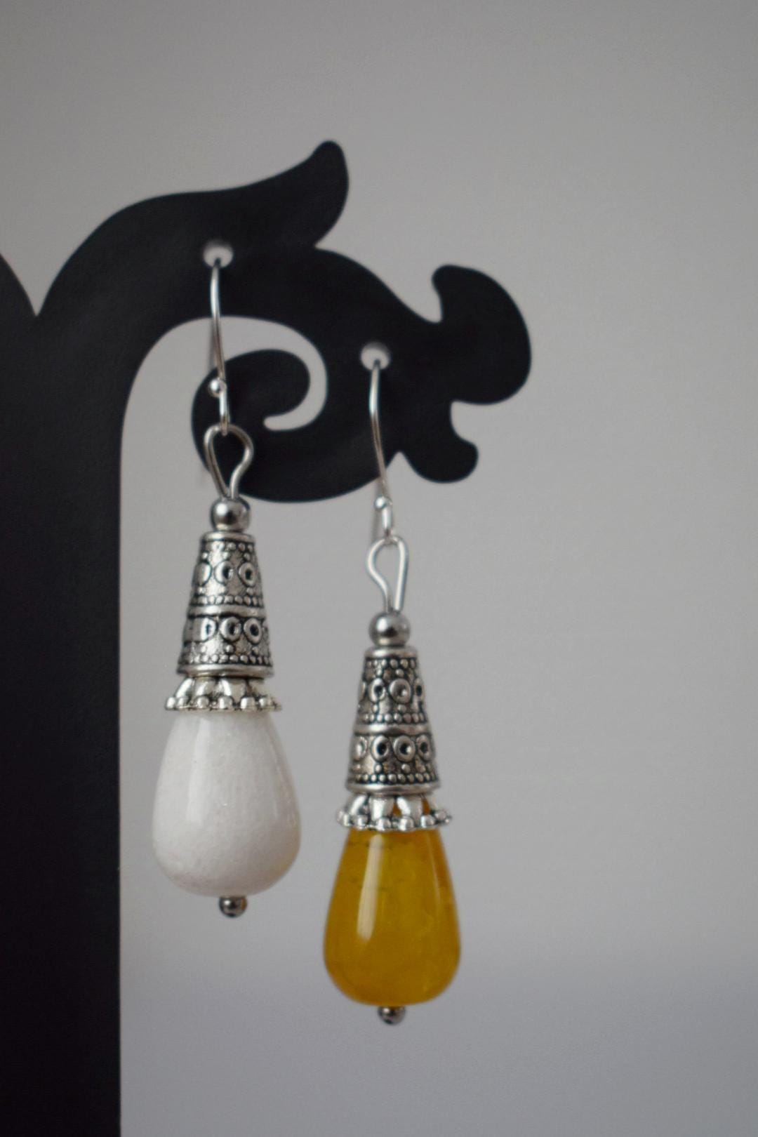 White Jade Teardrop Earrings Gift For Women, Vintage, Sterling Silver Dangle Drop Earrings, Boho Chic Earrings, Gemstone Handmade Jewelry