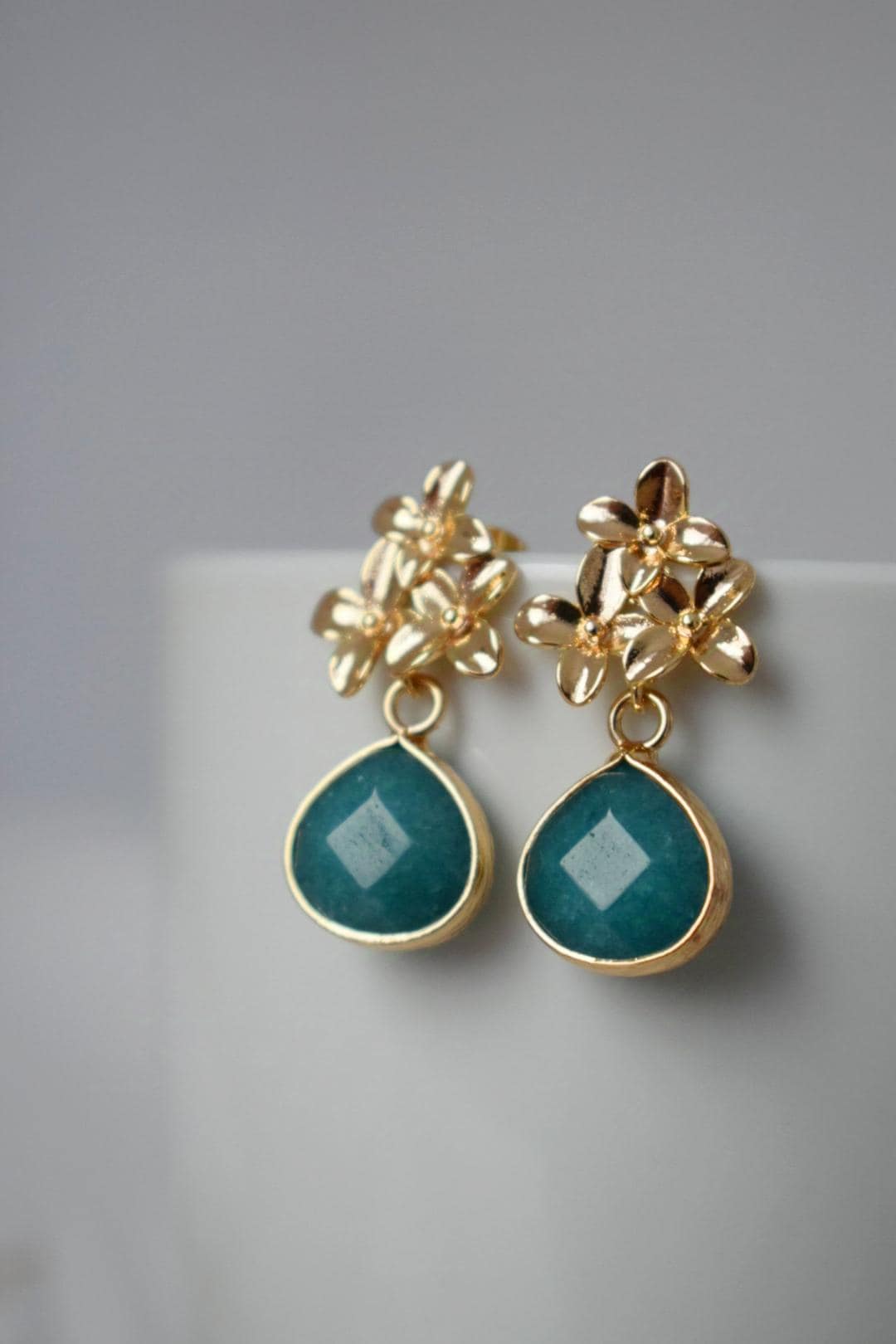 Turquoise Jade Stud Earrings Dangle, Teardrop Gemstone Earrings, 18K Gold Flower Stud, Unique Handmade Boho Jewelry, Mother's Day Gift