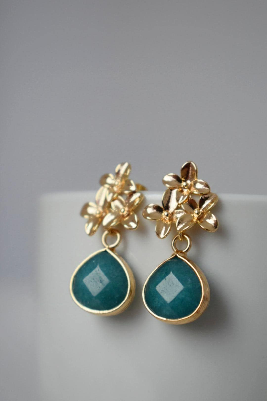 Turquoise Jade Stud Earrings Dangle, Teardrop Gemstone Earrings, 18K Gold Flower Stud, Unique Handmade Boho Jewelry, Mother's Day Gift