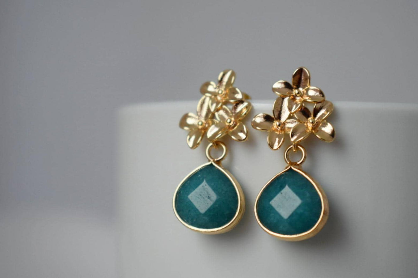 Turquoise Jade Stud Earrings Dangle, Teardrop Gemstone Earrings, 18K Gold Flower Stud, Unique Handmade Boho Jewelry, Mother's Day Gift