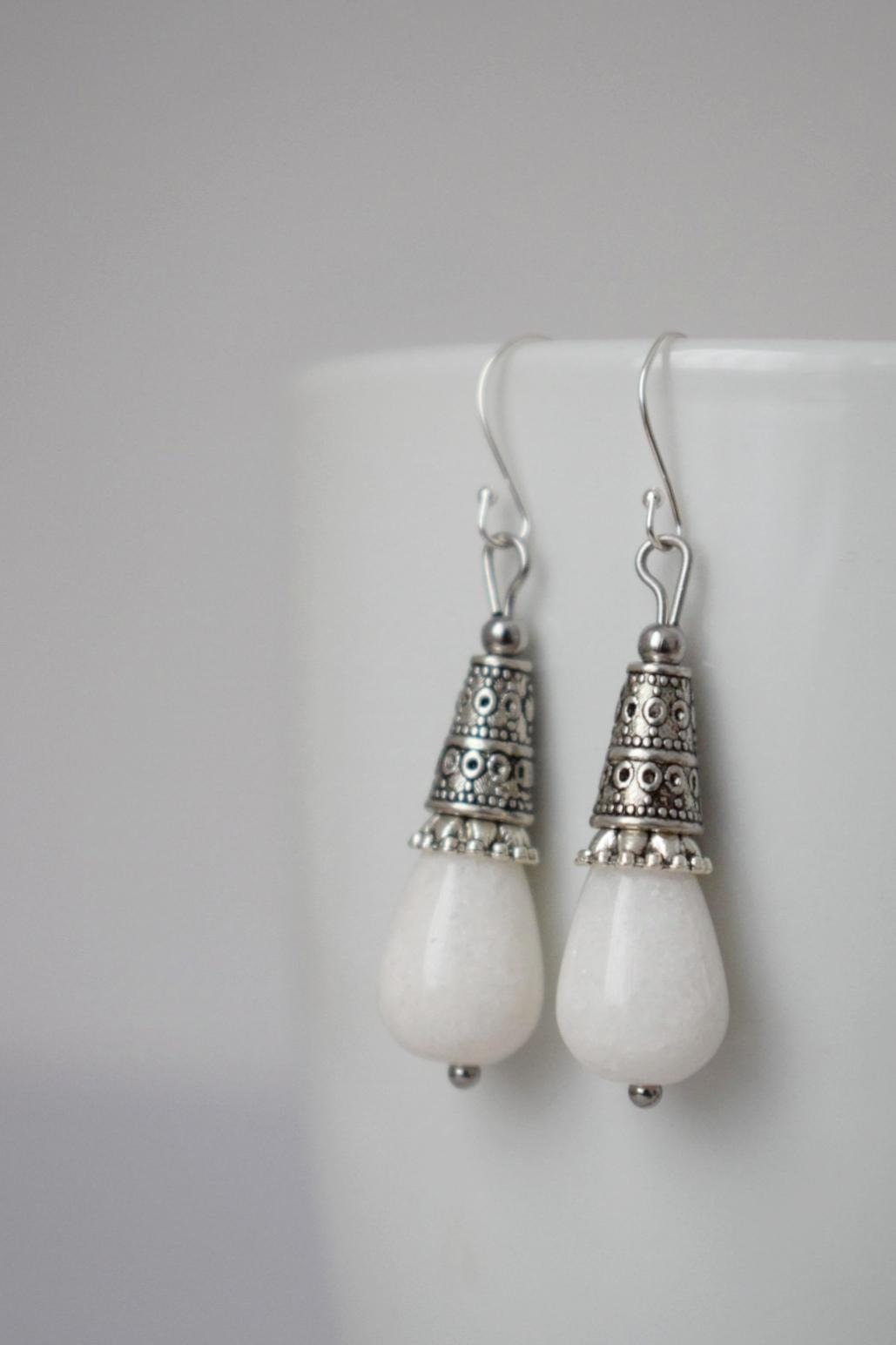 White Jade Teardrop Earrings Gift For Women, Vintage, Sterling Silver Dangle Drop Earrings, Boho Chic Earrings, Gemstone Handmade Jewelry