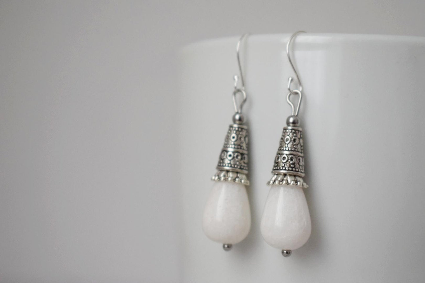 White Jade Teardrop Earrings Gift For Women, Vintage, Sterling Silver Dangle Drop Earrings, Boho Chic Earrings, Gemstone Handmade Jewelry