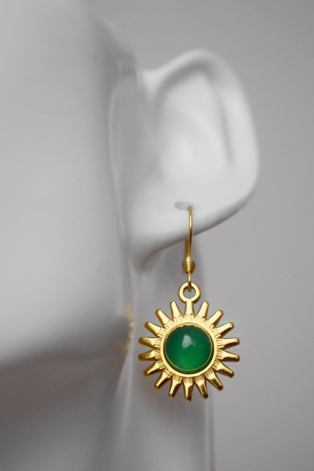 Sun earrings, Green agate earrings, Gemstone earrings, Sun rays, Sunburst, Celestial, Gold plated glowing jewelry, Christmas gift for her
