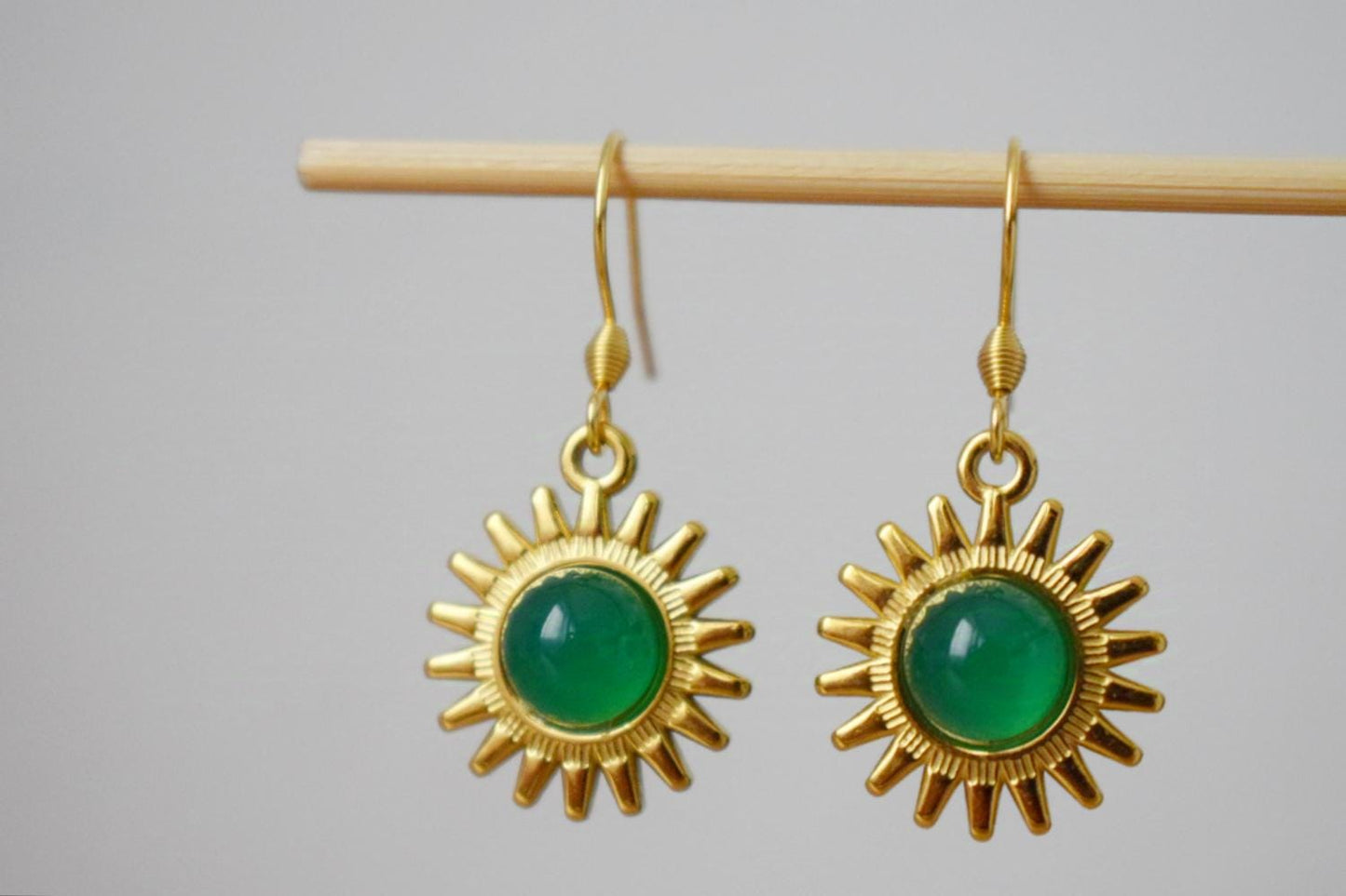 Sun earrings, Green agate earrings, Gemstone earrings, Sun rays, Sunburst, Celestial, Gold plated glowing jewelry, Christmas gift for her