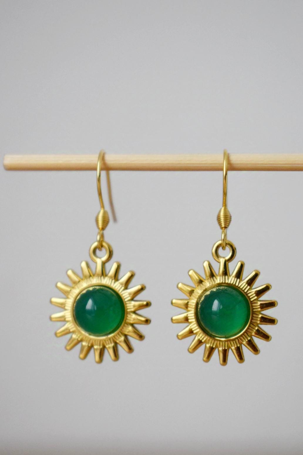 Sun earrings, Green agate earrings, Gemstone earrings, Sun rays, Sunburst, Celestial, Gold plated glowing jewelry, Christmas gift for her