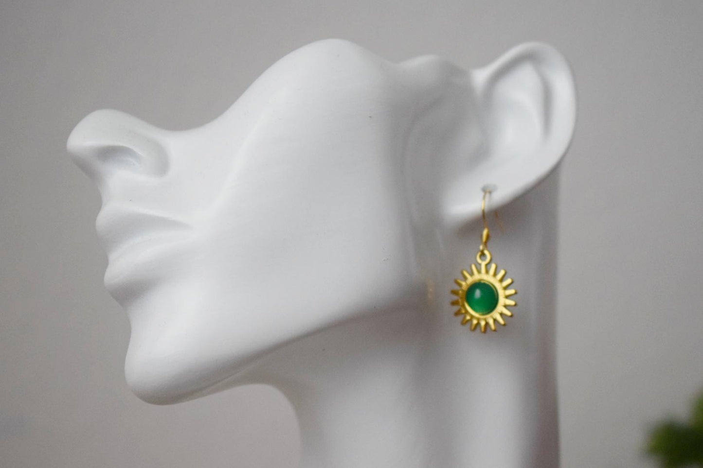 Sun earrings, Green agate earrings, Gemstone earrings, Sun rays, Sunburst, Celestial, Gold plated glowing jewelry, Christmas gift for her