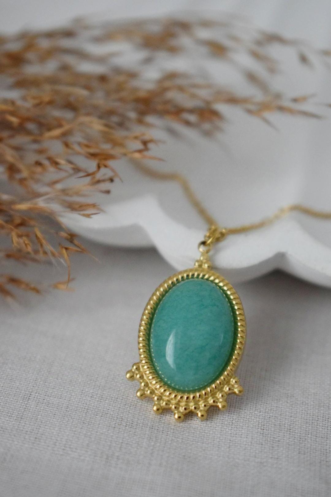 Turquoise Jade Necklace Gold, Oval Gemstone Victorian Necklace For Women, Unique Pendant, Stone Statement Necklace, Jewelry Gift For Her