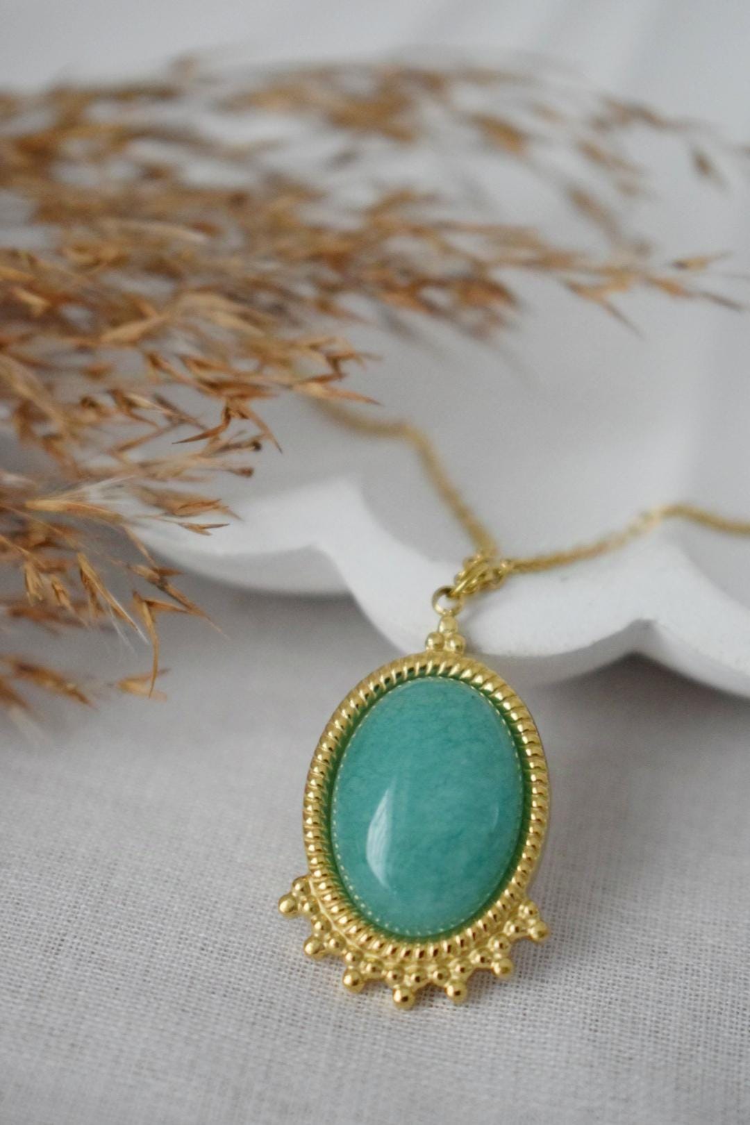 Turquoise Jade Necklace Gold, Oval Gemstone Victorian Necklace For Women, Unique Pendant, Stone Statement Necklace, Jewelry Gift For Her