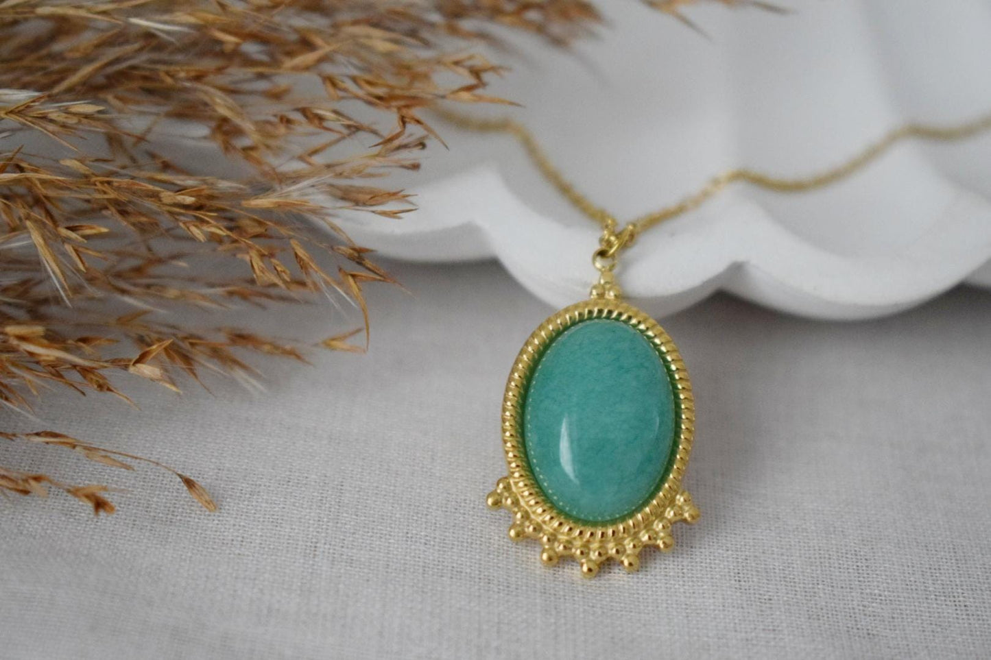 Turquoise Jade Necklace Gold, Oval Gemstone Victorian Necklace For Women, Unique Pendant, Stone Statement Necklace, Jewelry Gift For Her