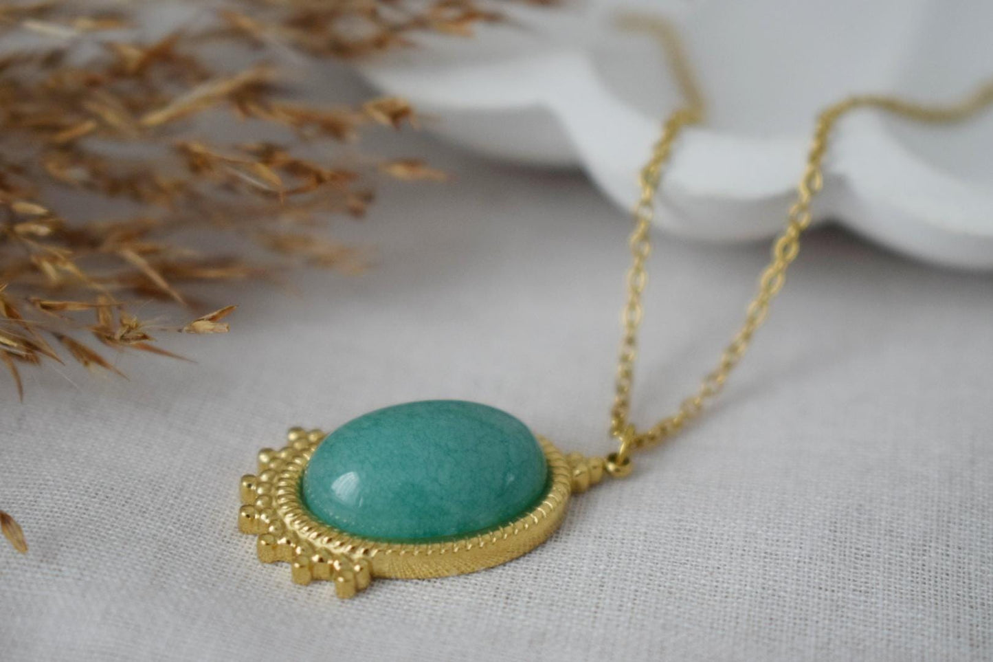 Turquoise Jade Necklace Gold, Oval Gemstone Victorian Necklace For Women, Unique Pendant, Stone Statement Necklace, Jewelry Gift For Her