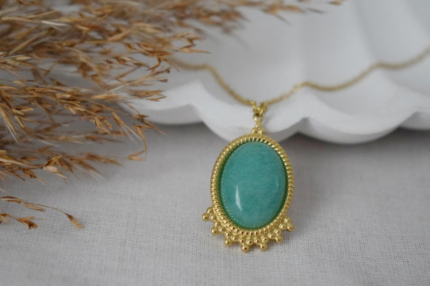 Turquoise Jade Necklace Gold, Oval Gemstone Victorian Necklace For Women, Unique Pendant, Stone Statement Necklace, Jewelry Gift For Her