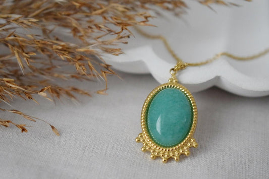 Turquoise Jade Necklace Gold, Oval Gemstone Victorian Necklace For Women, Unique Pendant, Stone Statement Necklace, Jewelry Gift For Her