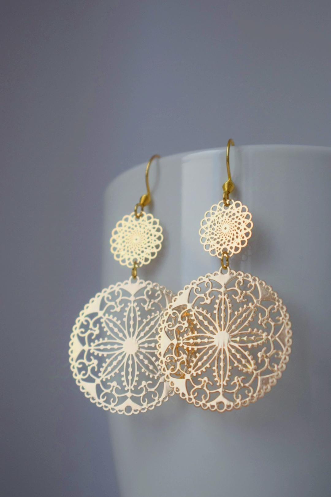 Ornament earrings for women, Long mandala golden filigree earrings, Boho dangle earrings, Stainless steel earrings, Jewelry gift for her