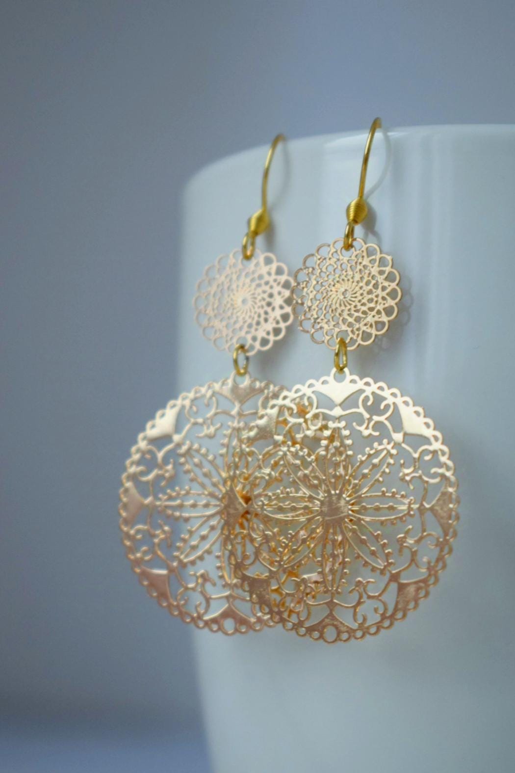 Ornament earrings for women, Long mandala golden filigree earrings, Boho dangle earrings, Stainless steel earrings, Jewelry gift for her