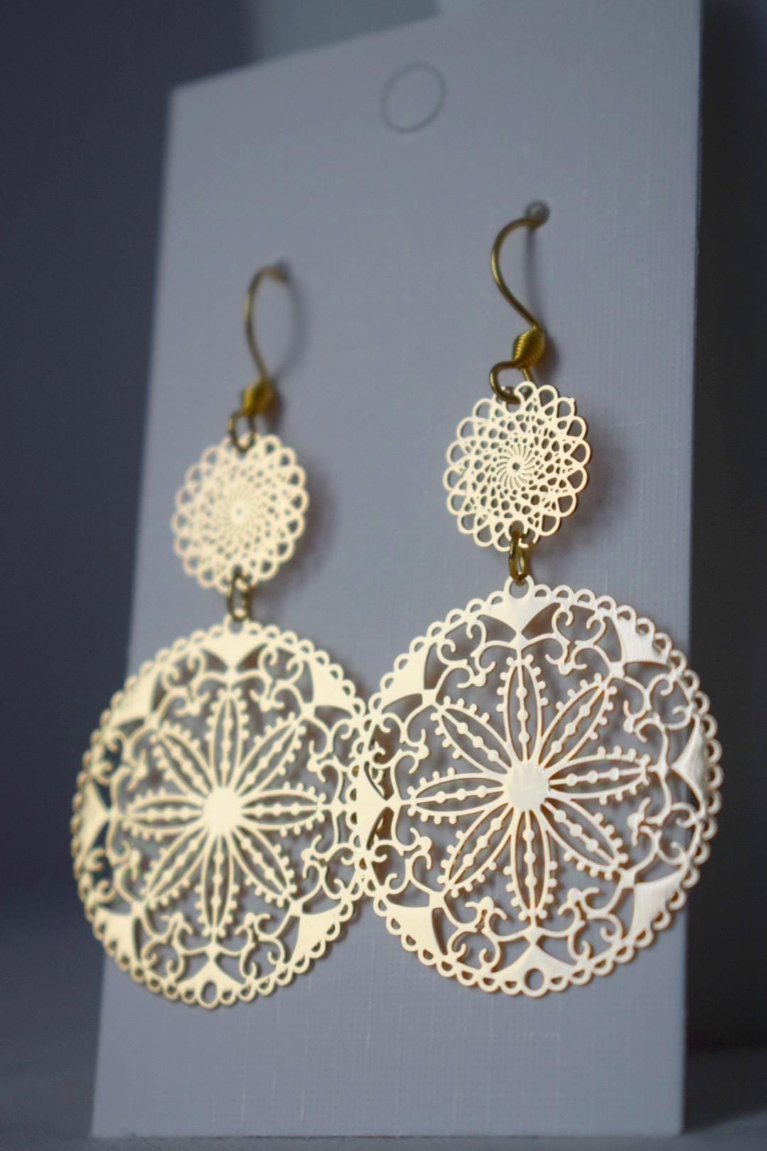 Ornament earrings for women, Long mandala golden filigree earrings, Boho dangle earrings, Stainless steel earrings, Jewelry gift for her