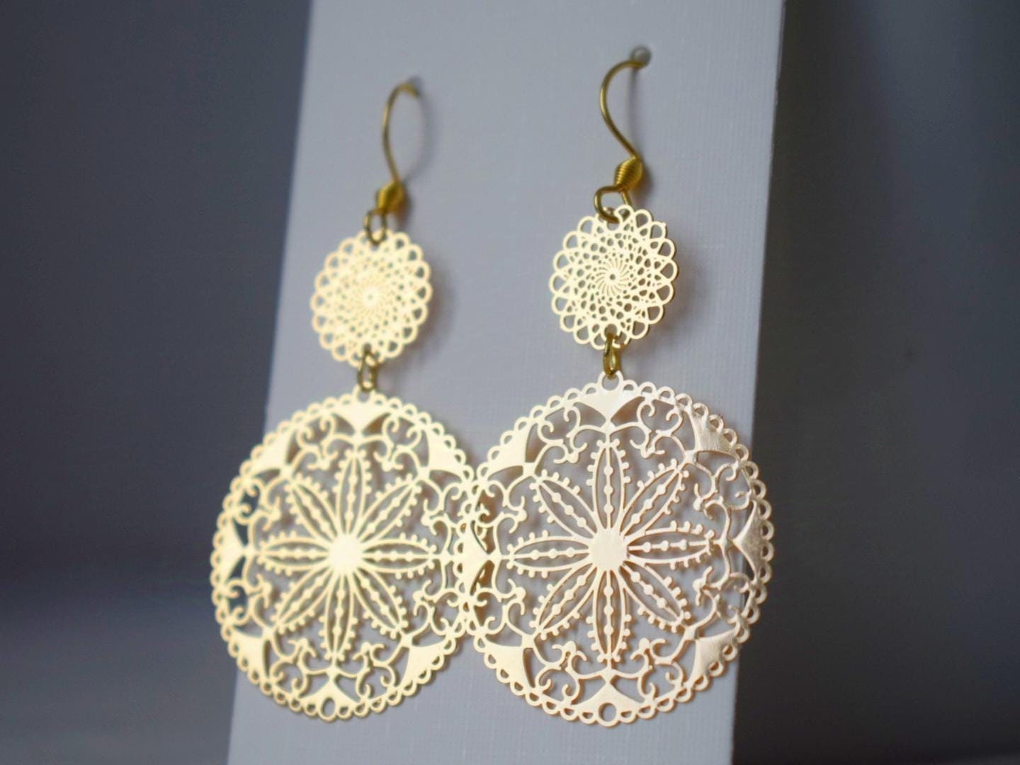 Ornament earrings for women, Long mandala golden filigree earrings, Boho dangle earrings, Stainless steel earrings, Jewelry gift for her