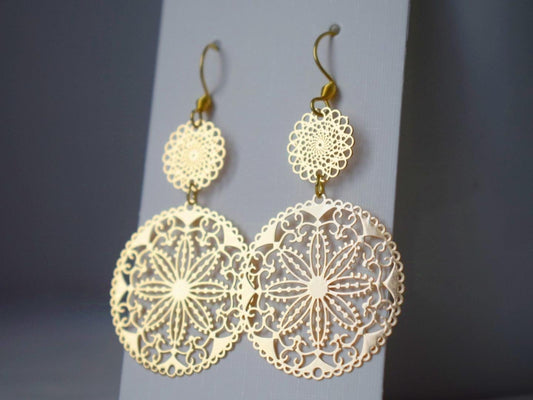 Ornament earrings for women, Long mandala golden filigree earrings, Boho dangle earrings, Stainless steel earrings, Jewelry gift for her