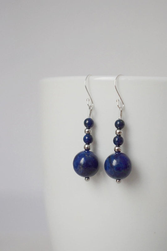 Sterling silver lapis earrings, Lapis lazuli dangle earrings, Dainty gemstone earrings, Dark Blue stone earrings, Christmas Gift for women