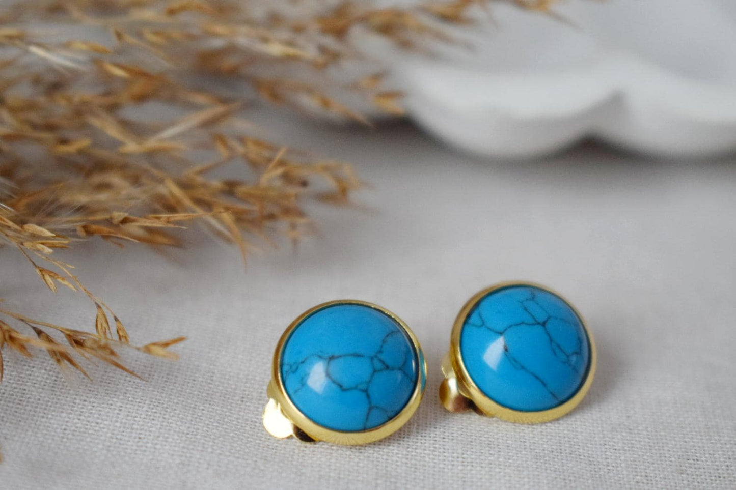 Turquoise clip on earrings, Blue gemstone ear clips, Lightweight non pierced earrings, No hole earrings, Handmade jewelry, Gift for her