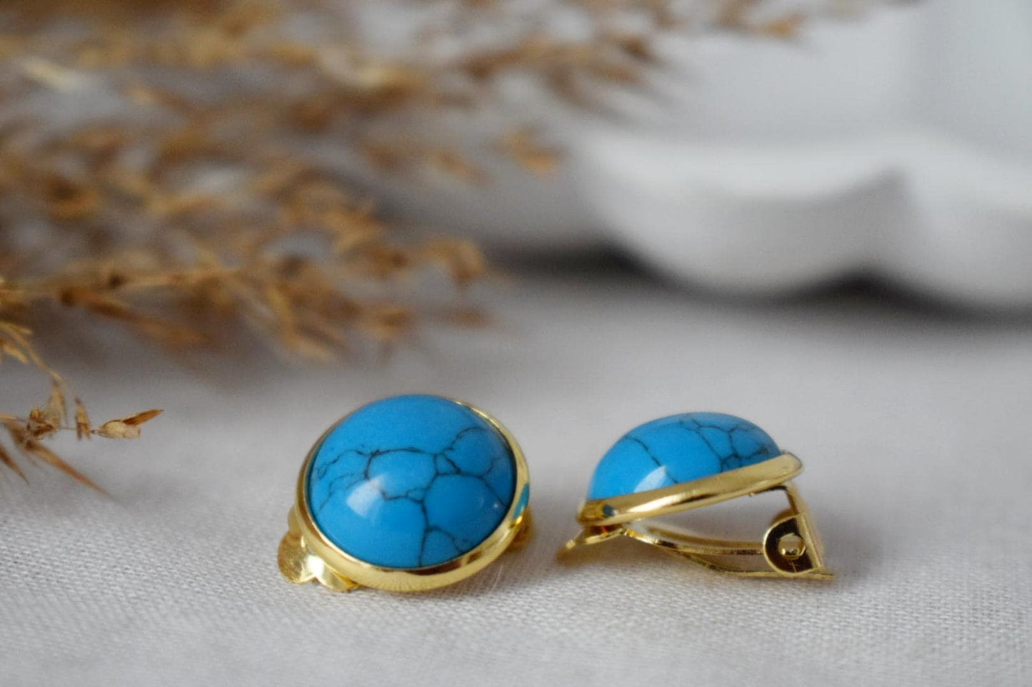Turquoise clip on earrings, Blue gemstone ear clips, Lightweight non pierced earrings, No hole earrings, Handmade jewelry, Gift for her