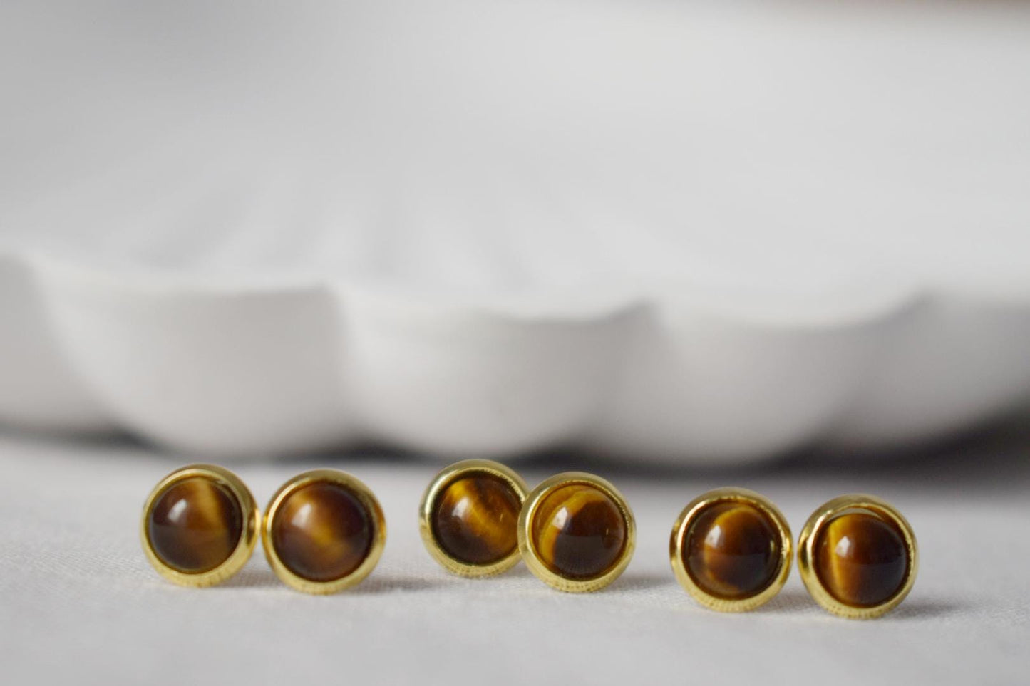Tiger Eye Stud Earrings Gold, Gemstone 10mm Round Stud Earrings, Brown Stone, Tigers Eye, Chakra Jewelry, Push-back, Tiger's Eye Earrings
