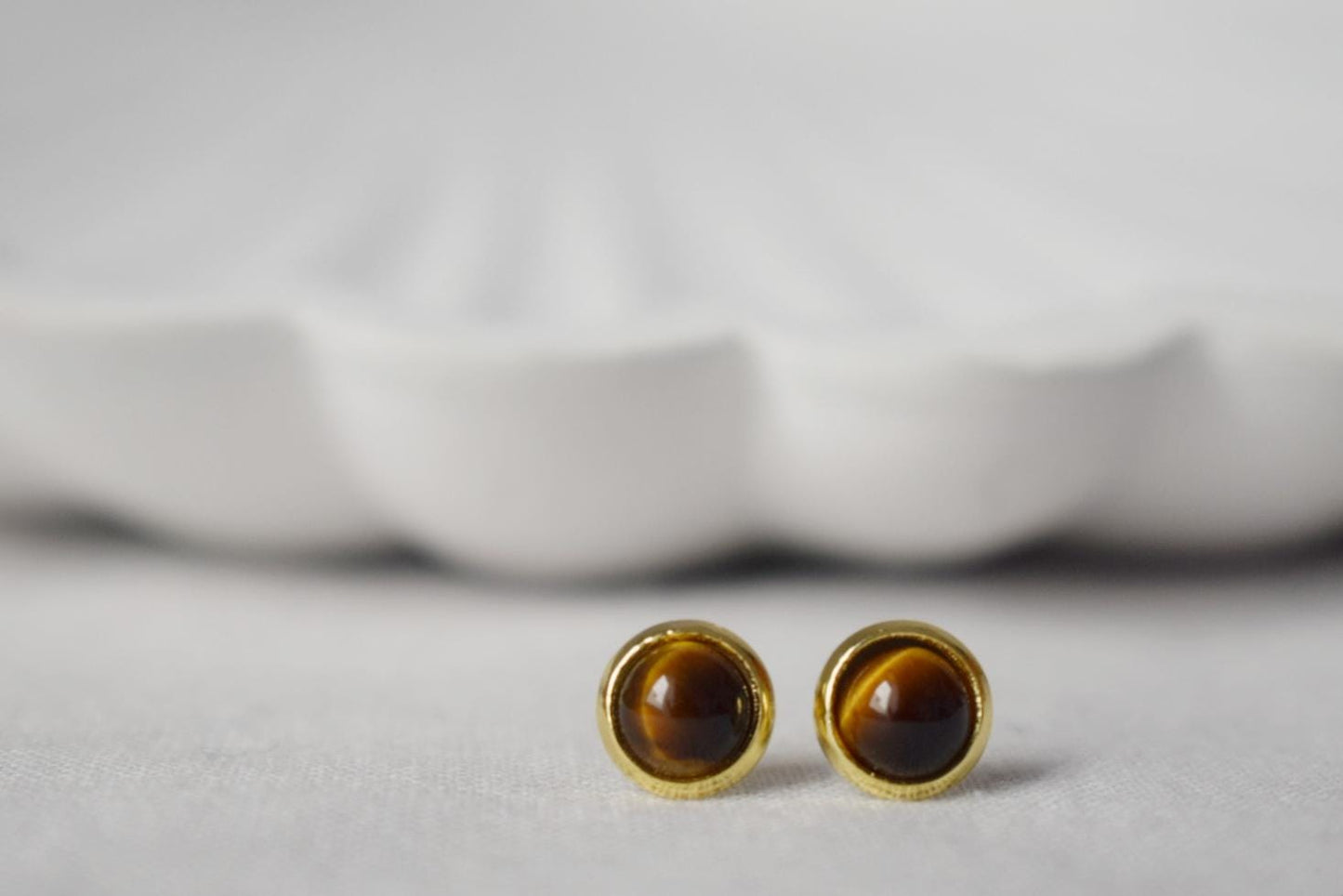 Tiger Eye Stud Earrings Gold, Gemstone 10mm Round Stud Earrings, Brown Stone, Tigers Eye, Chakra Jewelry, Push-back, Tiger's Eye Earrings