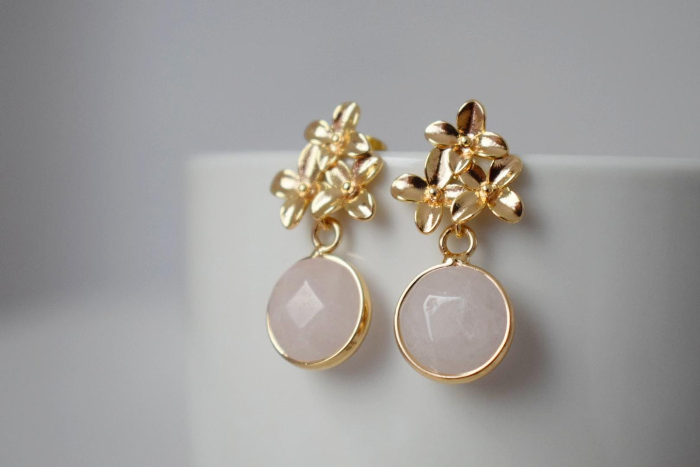 Natural Rose Quartz Earrings, 18K Gemstone Gold Flower Dangle Stud Earrings, Modern Earrings, Handmade Boho Jewelry, Unique Mothers Day Gift