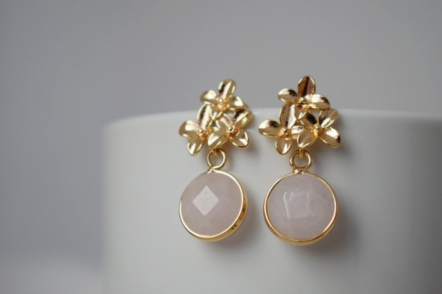 Natural Rose Quartz Earrings, 18K Gemstone Gold Flower Dangle Stud Earrings, Modern Earrings, Handmade Boho Jewelry, Unique Mothers Day Gift