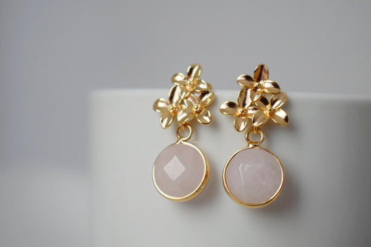 Natural Rose Quartz Earrings, 18K Gemstone Gold Flower Dangle Stud Earrings, Modern Earrings, Handmade Boho Jewelry, Unique Mothers Day Gift