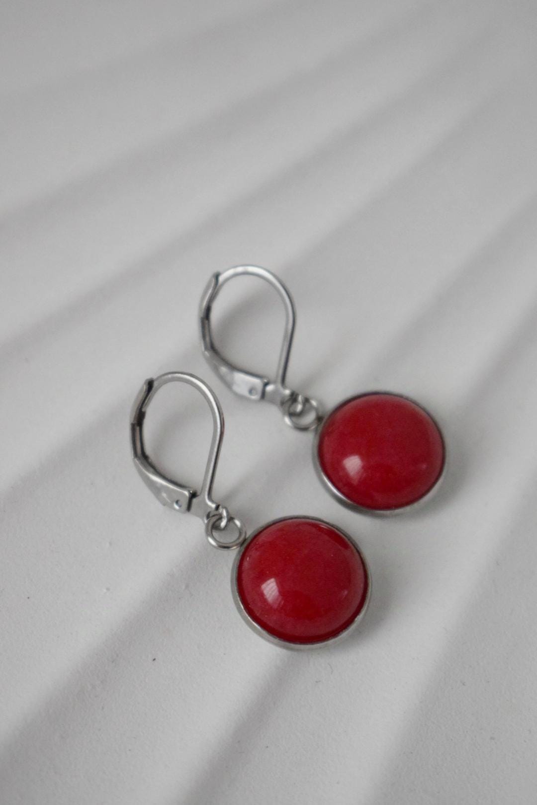 Red jade earrings, Gemstone pendant huggie earrings, Lever back stone hoops, Boho jewelry, Gift for women, Best mother's day gift