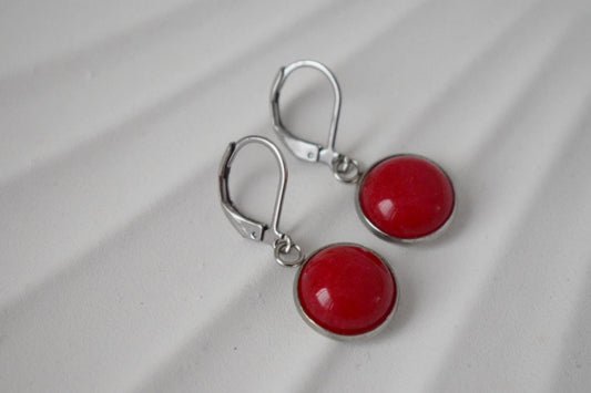 Red jade earrings, Gemstone pendant huggie earrings, Lever back stone hoops, Boho jewelry, Gift for women, Best mother's day gift
