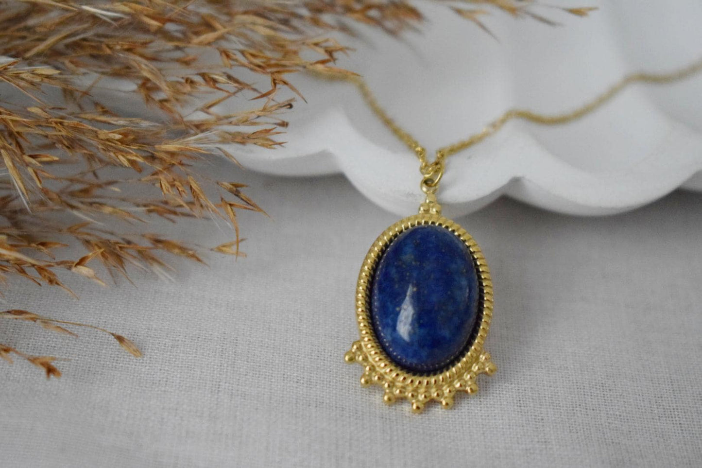 Lapis lazuli Necklace Gold, Oval Gemstone Victorian Necklace For Women, Unique Pendant, Stone Statement Necklace, Best Jewelry Gift For Her