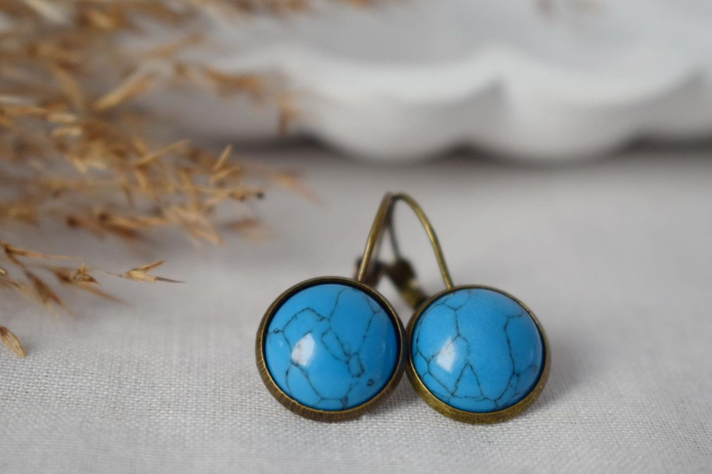 Turquoise vintage earrings, Blue Gemstone dangle earrings, Stone, Antique bronze, Lever back, Handmade jewelry gift for her