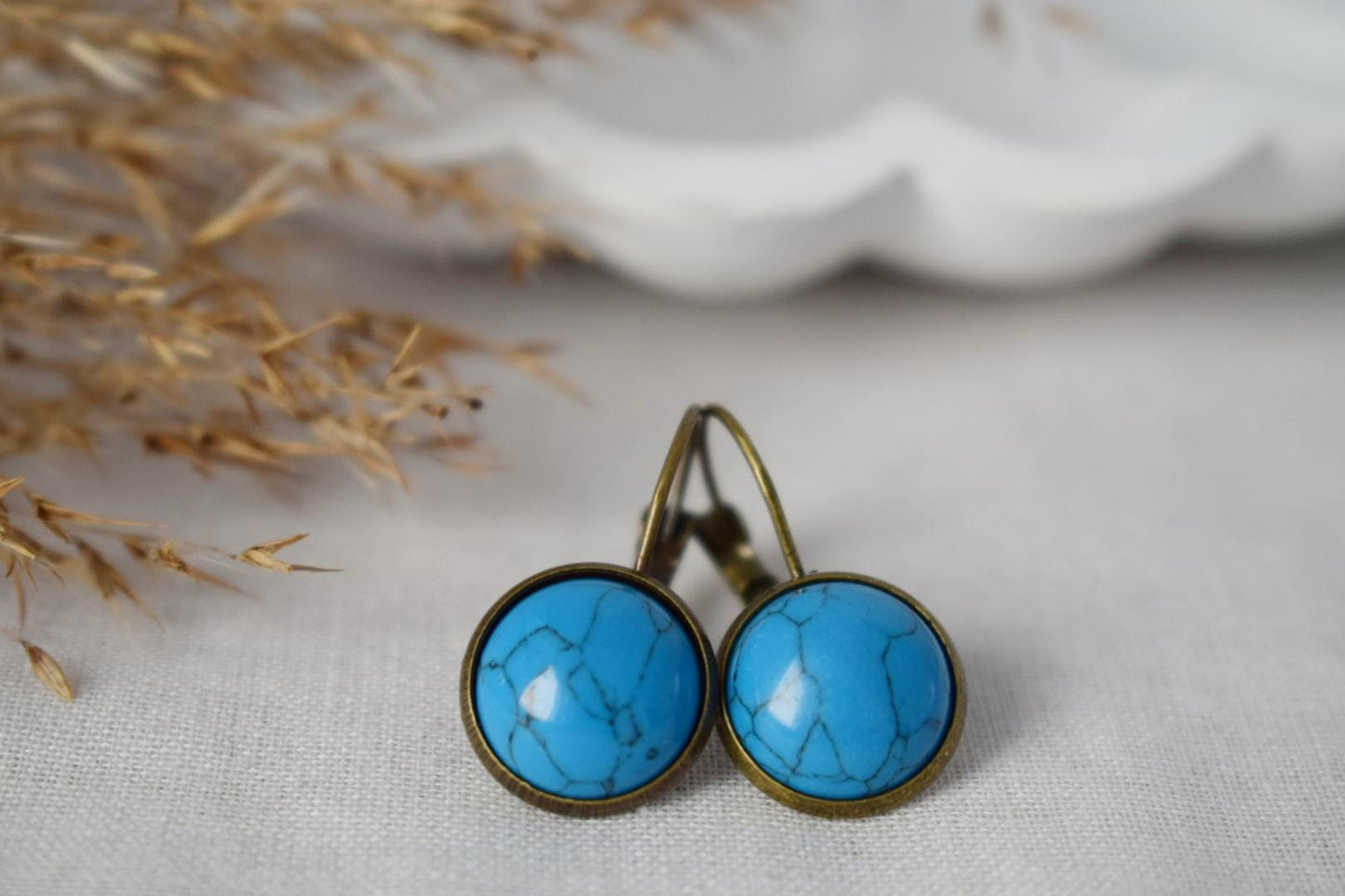 Turquoise vintage earrings, Blue Gemstone dangle earrings, Stone, Antique bronze, Lever back, Handmade jewelry gift for her