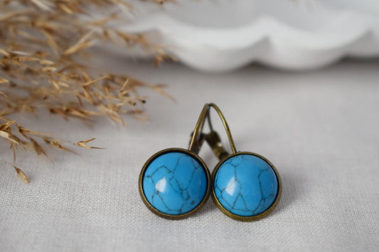 Turquoise vintage earrings, Blue Gemstone dangle earrings, Stone, Antique bronze, Lever back, Handmade jewelry gift for her