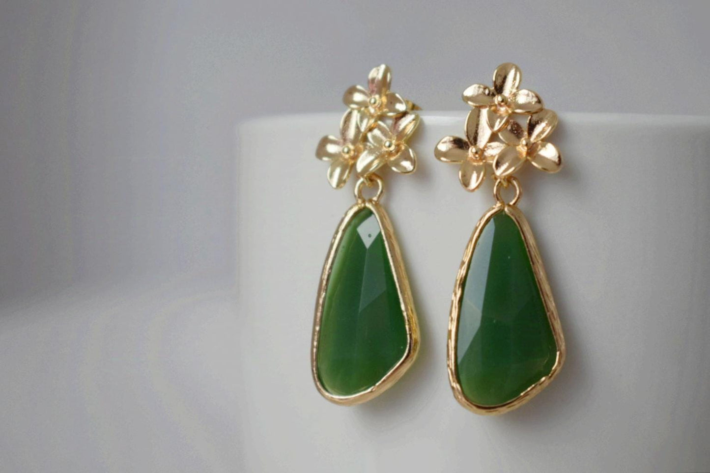 Glass dangle earrings, Boho long teardrop earrings, Flower post earrings, Faceted green earrings, Unique jewelry, Mother's day gift