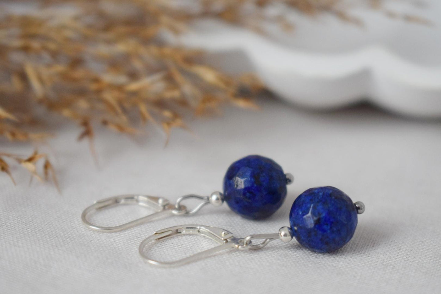 Earrings Lapis Lazuli Sterling Silver, Gemstone Blue Lever Back Hoop, September Birthstone, Hanging ball stone jewelry, Gift for her