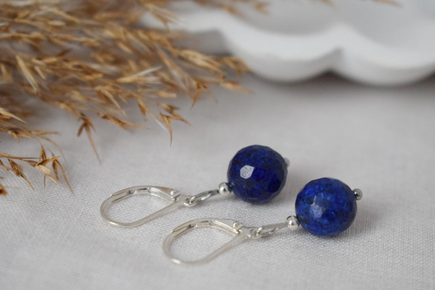 Earrings Lapis Lazuli Sterling Silver, Gemstone Blue Lever Back Hoop, September Birthstone, Hanging ball stone jewelry, Gift for her
