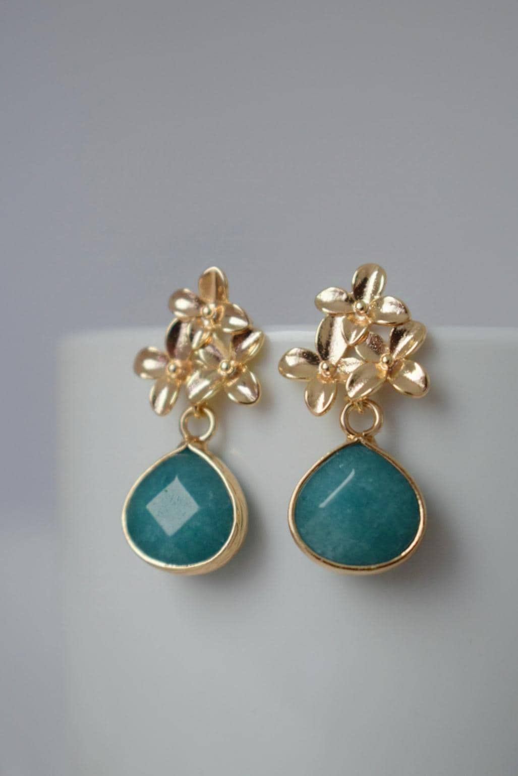 Turquoise Jade Stud Earrings Dangle, Teardrop Gemstone Earrings, 18K Gold Flower Stud, Unique Handmade Boho Jewelry, Mother's Day Gift