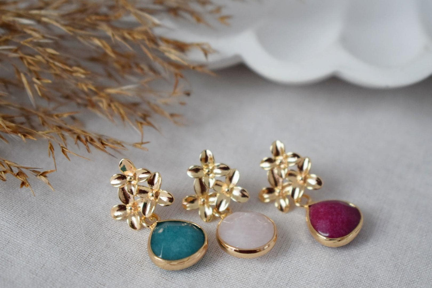 Turquoise Jade Stud Earrings Dangle, Teardrop Gemstone Earrings, 18K Gold Flower Stud, Unique Handmade Boho Jewelry, Mother's Day Gift
